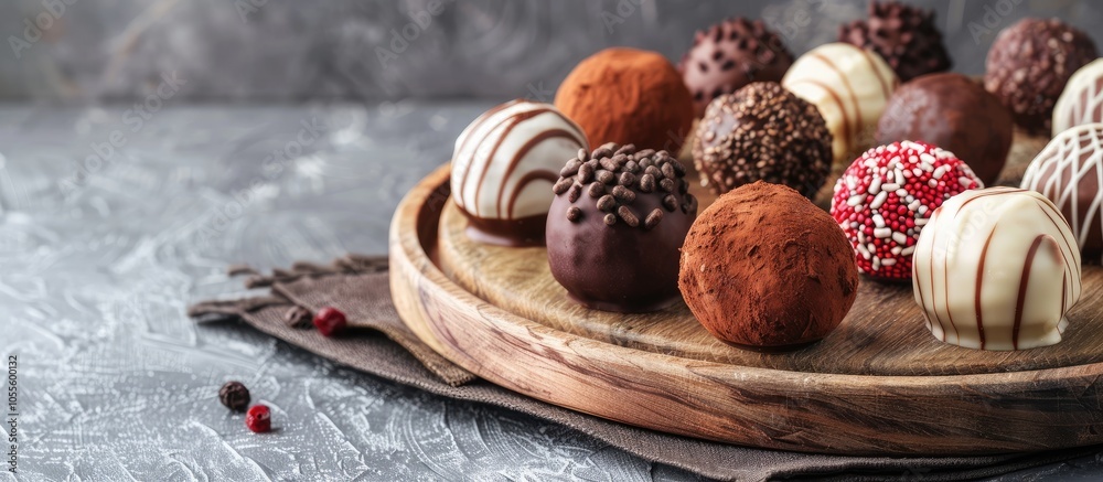 Various flavored truffles displayed on a wooden platter against a grey backdrop with copy space image Various flavored truffles displayed on a wooden platter against a grey backdrop with copy space image