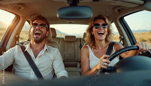 Excited playful European couple in sunglasses driving luxury car, enjoying music, singing and smiling, spouses going on vacation, windshield view
