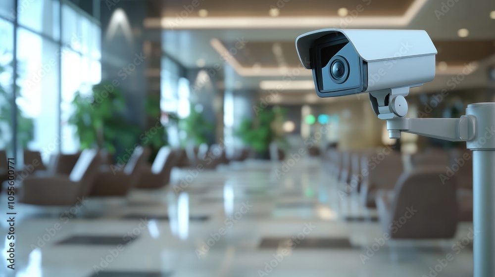 CCTV indoor camera system in operation with a blurred view of unoccupied chairs in a lobby illustrating surveillance technology for security purposes