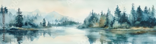 Serene watercolor landscape of a misty forest and tranquil lake, capturing the beauty of nature and reflections on water during dawn.