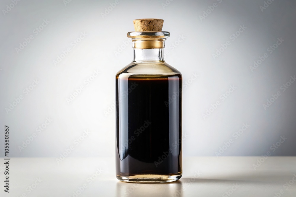 Glass bottle of dark liquid with gold top isolated on white background Glass bottle of dark liquid with gold top isolated on white background