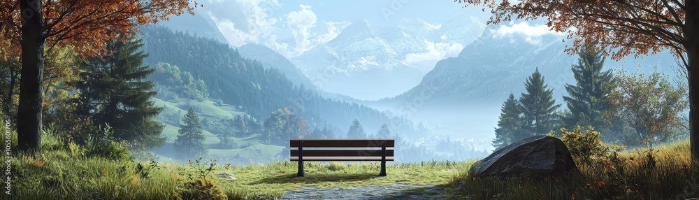 Serene landscape with a wooden bench overlooking a misty mountain view, surrounded by lush trees and grass under a clear sky. Serene landscape with a wooden bench overlooking a misty mountain view, surrounded by lush trees and grass under a clear sky.