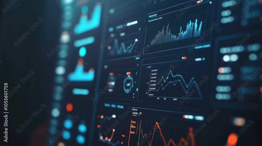 Detailed interface with data visualization icons, charts, and timeline on a softly blurred background, sleek analytics look Detailed interface with data visualization icons, charts, and timeline on a softly blurred background, sleek analytics look