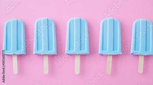 Blue mint ice cream popsicles on a pastel pink backdrop Delicious and refreshing frozen treats on sticks Minimalistic summer theme Flat lay composition