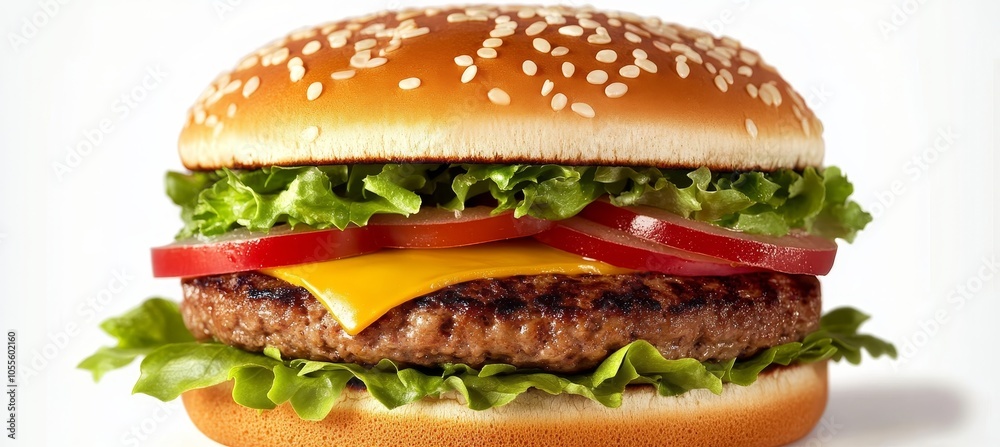 Classic Hamburger with Fresh Toppings, Isolated on a White Background A Delicious Culinary Delight Classic Hamburger with Fresh Toppings, Isolated on a White Background A Delicious Culinary Delight