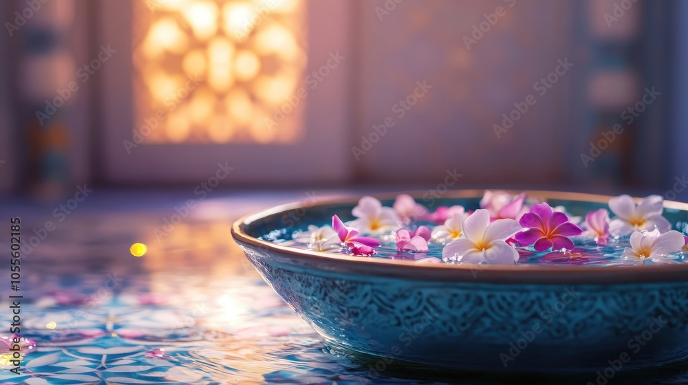 Bowl filled with water and floating flowers set against a decorative hammam backdrop Banner design Bowl filled with water and floating flowers set against a decorative hammam backdrop Banner design