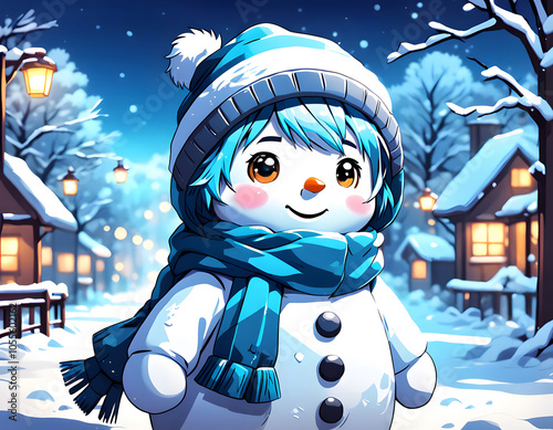 A cute snow girl in a winter forest, illustration, anime photo