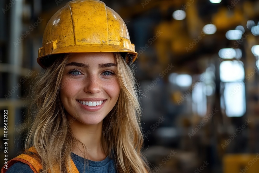 A cheerful female construction worker dons a yellow hard hat, standing confidently amidst the dynamic energy of an active building site with machinery around. A cheerful female construction worker dons a yellow hard hat, standing confidently amidst the dynamic energy of an active building site with machinery around.