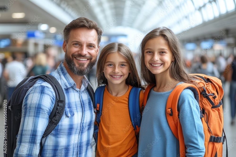 A father and his two daughters pose excitedly at the airport in bright clothing, each carrying backpacks, ready for a fun-filled trip encapsulating familial joy and adventure. A father and his two daughters pose excitedly at the airport in bright clothing, each carrying backpacks, ready for a fun-filled trip encapsulating familial joy and adventure.