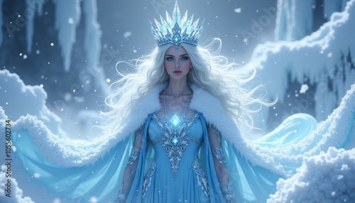 Majestic ice queen with a sparkling crown and flowing gown in a snowy landscape