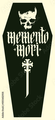 vector calligraphic inscription in gothic font memento mori from latin language translated Think about death with christian crucifixion against the background of a black coffin