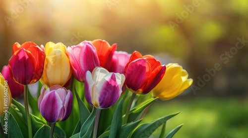 Vibrant bouquet of colorful tulips in a spring meadow Perfect floral backdrop for greeting cards banners and flyers celebrating special occasions like Mother s Day and Valentine s Day photo