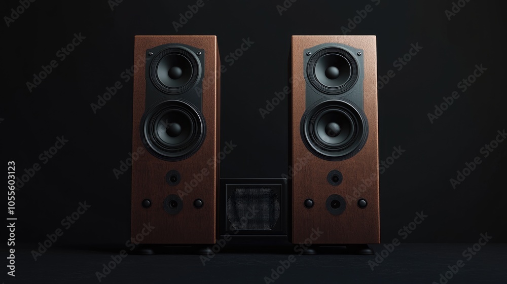 Multimedia acoustic sound speakers featuring a stereo audio system with two satellite speakers and a subwoofer set against a dark backdrop for an enhanced music listening experience Multimedia acoustic sound speakers featuring a stereo audio system with two satellite speakers and a subwoofer set against a dark backdrop for an enhanced music listening experience
