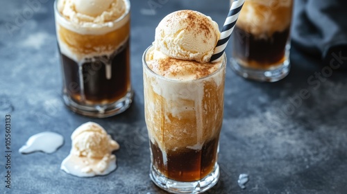 Refreshing Vanilla Ice Cream Float with Root Beer and a Striped Straw A Classic Dessert Perfect for Summer Enjoyment