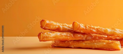 A popular deep fried bread stick called Cakwe or Youtio made from Chinese dough has a savory taste and is typically served with chili sauce The product is featured against an isolated background with photo