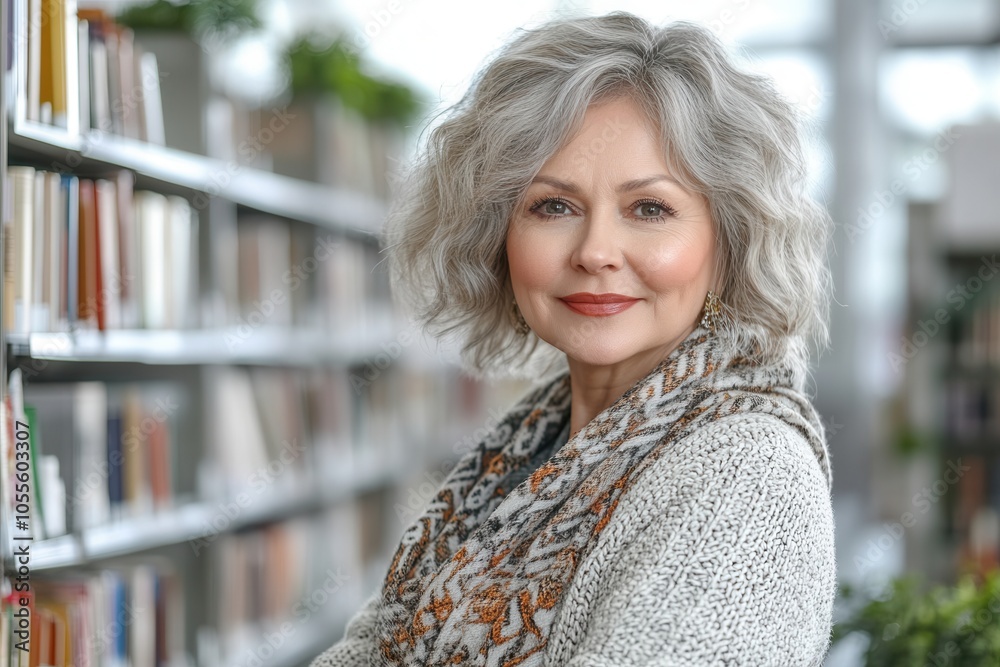 A senior woman with elegant silver hair stands confidently in a library, radiating warmth and approachability. She is dressed in a cozy sweater and a patterned scarf, surrounded by shelves brimming wi A senior woman with elegant silver hair stands confidently in a library, radiating warmth and approachability. She is dressed in a cozy sweater and a patterned scarf, surrounded by shelves brimming wi