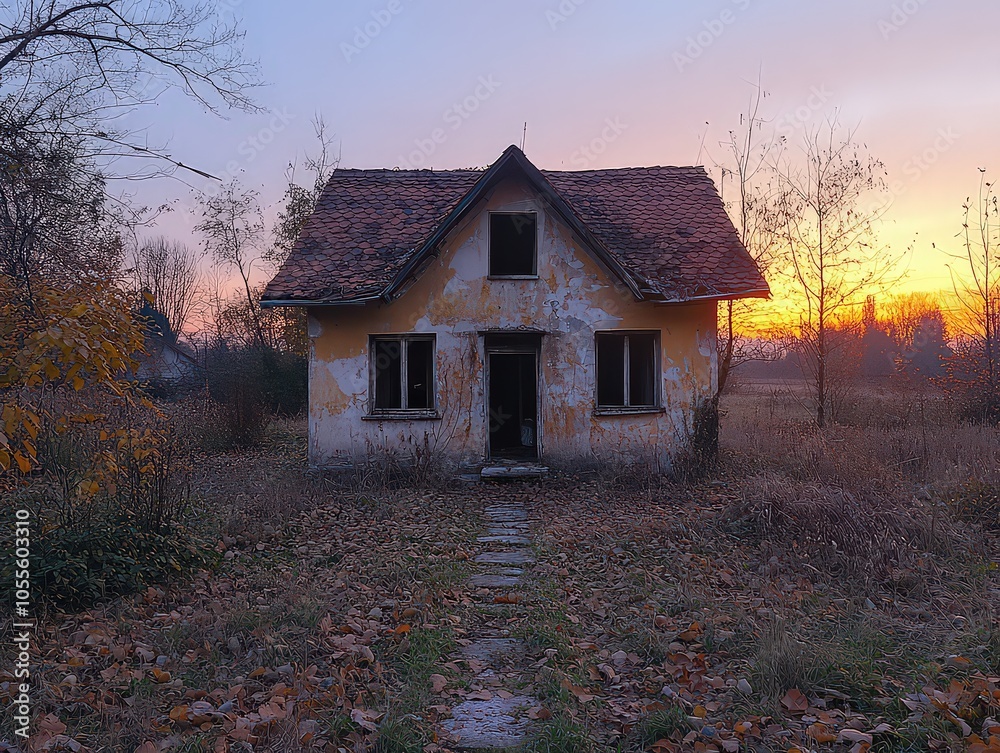 Small, abandoned house at sunset surrounded by overgrown vegetation, evoking feelings of nostalgia, solitude, and forgotten memories. Small, abandoned house at sunset surrounded by overgrown vegetation, evoking feelings of nostalgia, solitude, and forgotten memories.