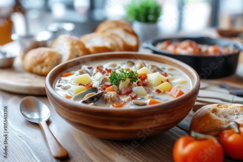 A warm bowl of hearty soup featuring vegetables and seafood is beautifully presented on a rustic wooden table. Accompanied by fresh bread rolls and vibrant tomatoes, this meal invites cozy dining mome photo