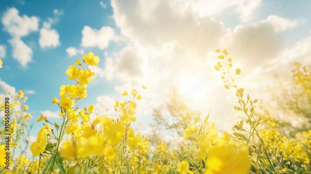 Close up of blooming rapeseed flowers under a blue sky with clouds and sunlight rays showcasing the beauty of spring in a panoramic view Soft focus with ample copy space Close up of blooming rapeseed flowers under a blue sky with clouds and sunlight rays showcasing the beauty of spring in a panoramic view Soft focus with ample copy space