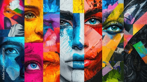 Vibrant abstract portrait collage with colorful geometric patterns and expressive human faces, capturing artistic creativity and design. photo