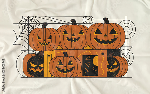 Orange and black jack-o -lantern pumpkins with geometric shapes on a white background  Halloween festive design   