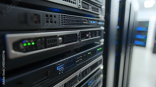 Rows of servers in a data center, cloud computing, and storage network technology concept -