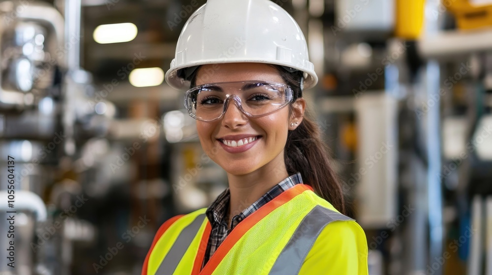 Portrait of a smiling female engineer on site dressed in a hard hat high visibility vest and personal protective equipment Portrait of a smiling female engineer on site dressed in a hard hat high visibility vest and personal protective equipment