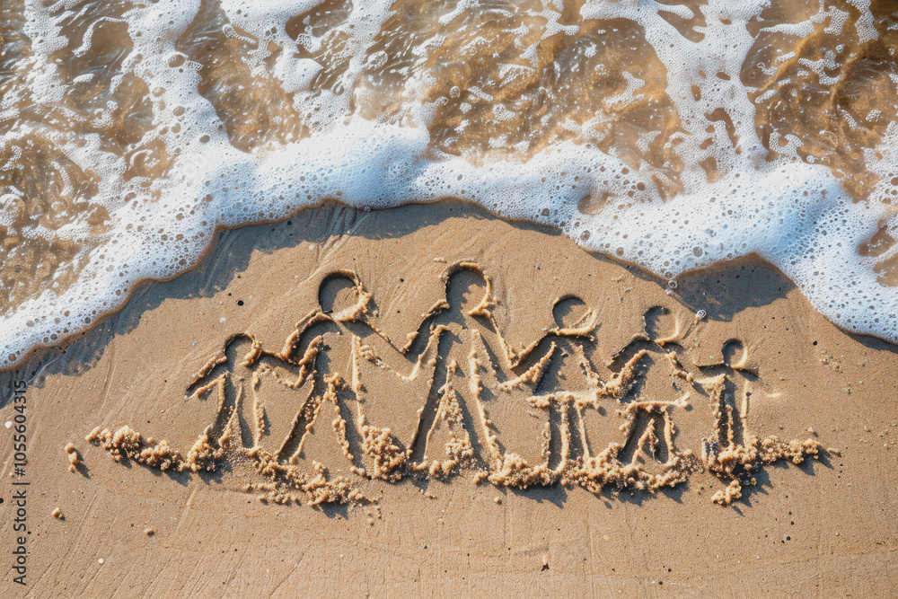 Fototapeta premium Photo of drawn stick family on the sand with waves in water, beach background, top view.