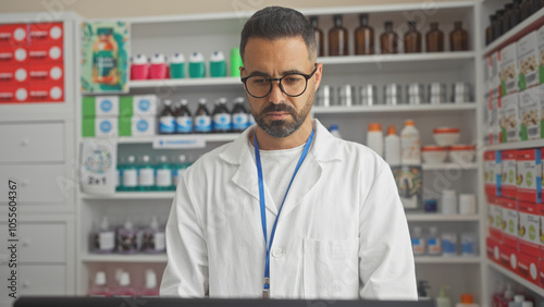 Hispanic male pharmacist working in a modern pharmacy interior with medical supplies photo