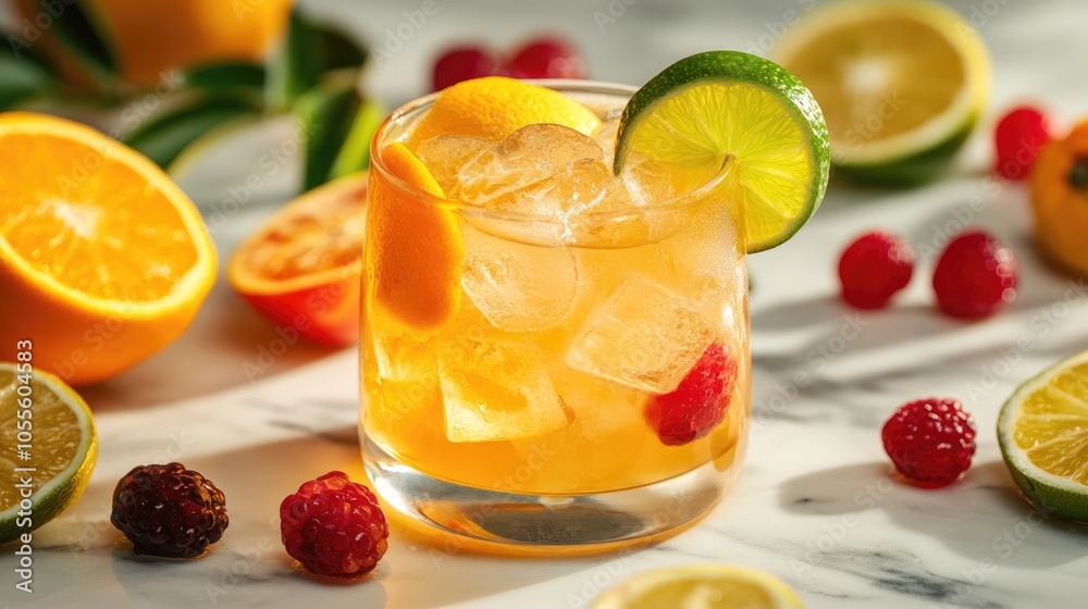 Chilled citrus beverage with ice accented by lime and complemented by colorful fruits on a marble surface Chilled citrus beverage with ice accented by lime and complemented by colorful fruits on a marble surface