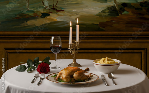 Romantic candlelit dinner setting with roasted chicken  red wine  and mashed potatoes  perfect for Valentine s Day    photo