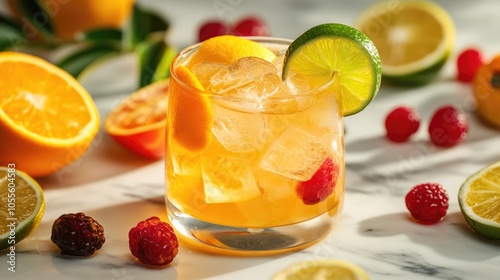 Chilled citrus beverage with ice accented by lime and complemented by colorful fruits on a marble surface