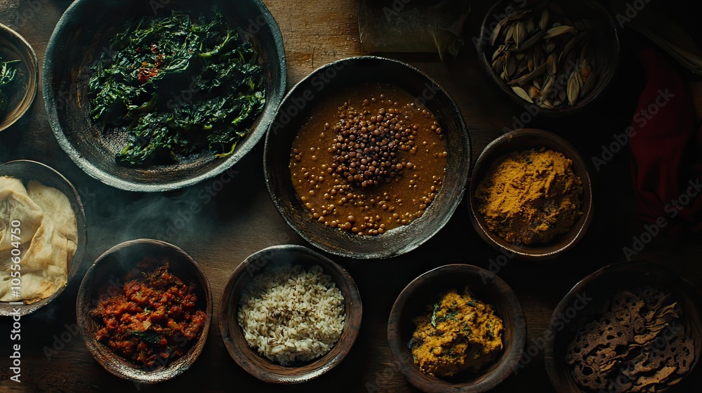 Ethiopian injera with lentil stew, collard greens, and various curries.