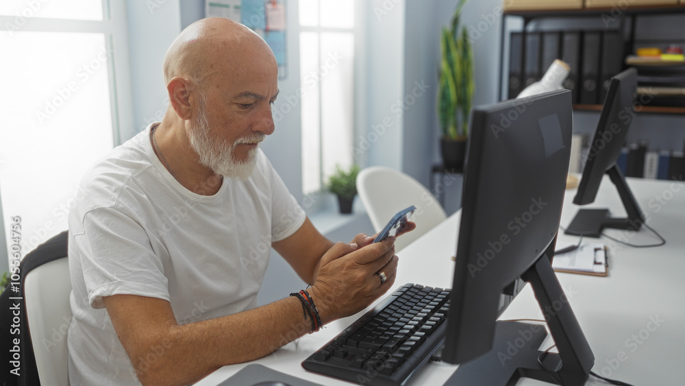 Middle-aged man with a bald head and grey beard using a smartphone at his office desk with a computer in a modern workplace setting. Middle-aged man with a bald head and grey beard using a smartphone at his office desk with a computer in a modern workplace setting.