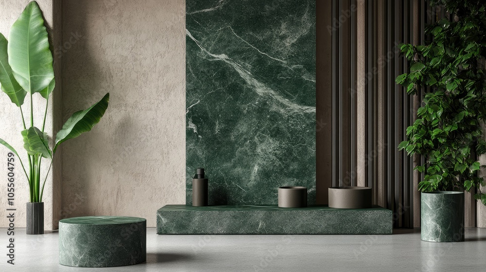 Minimalist podium with leafy background, green stone accents, perfect for modern product displays with organic appeal.