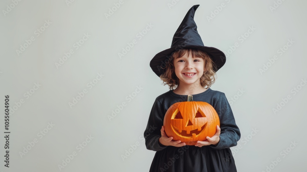 Fototapeta premium Small child dressed in witch costume with pumpkin in Halloween.