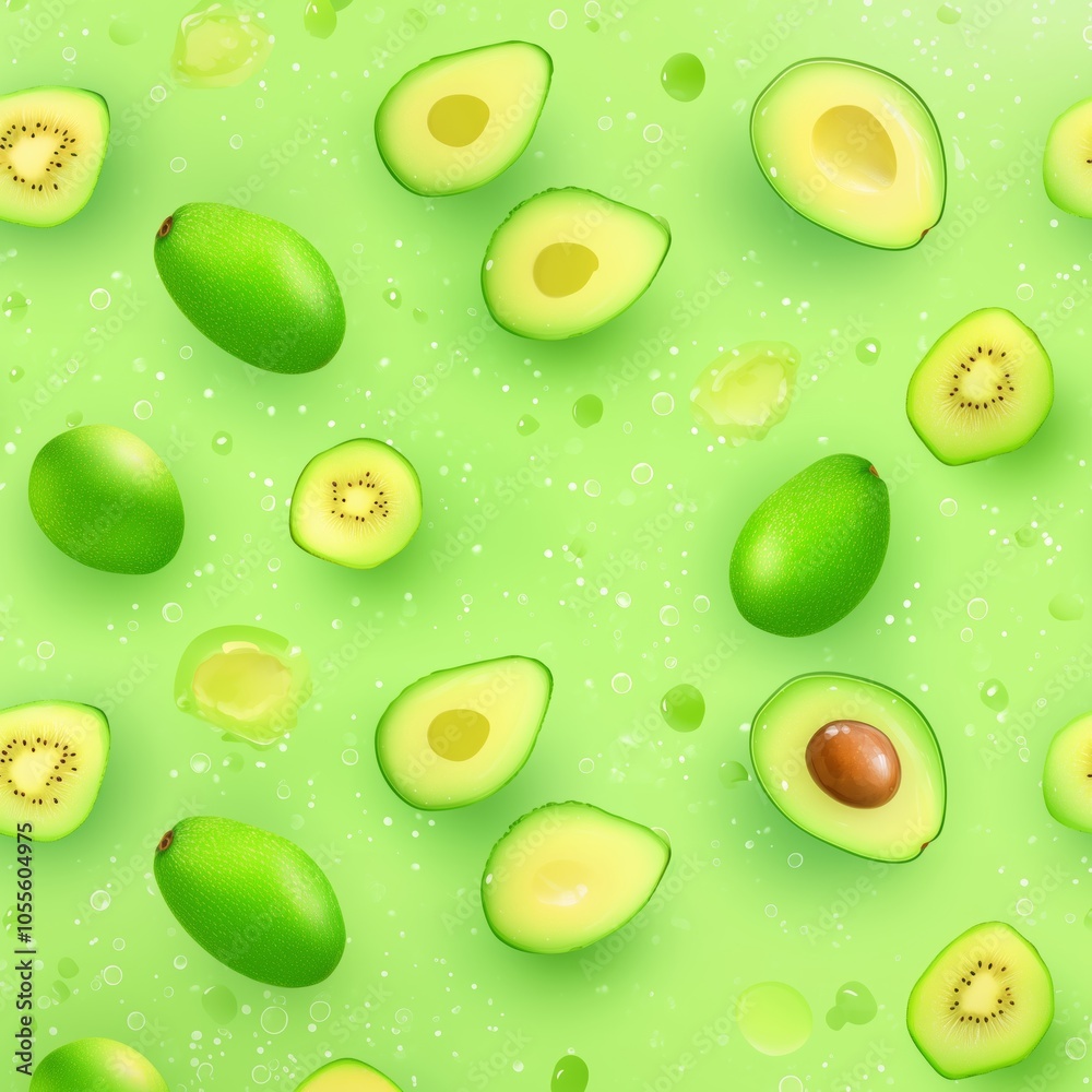 Seamless Avocado Pattern with Halved and Whole Avocados on Bright Green Background Seamless Avocado Pattern with Halved and Whole Avocados on Bright Green Background