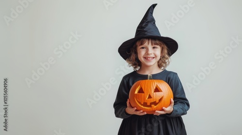 Small child dressed in witch costume with pumpkin in Halloween.