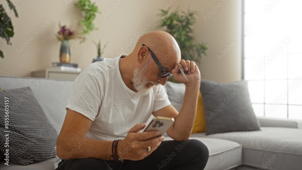 Bald man with a beard and glasses sitting in a living room holding a phone in his hand, surrounded by indoor plants and a cozy home interior Bald man with a beard and glasses sitting in a living room holding a phone in his hand, surrounded by indoor plants and a cozy home interior