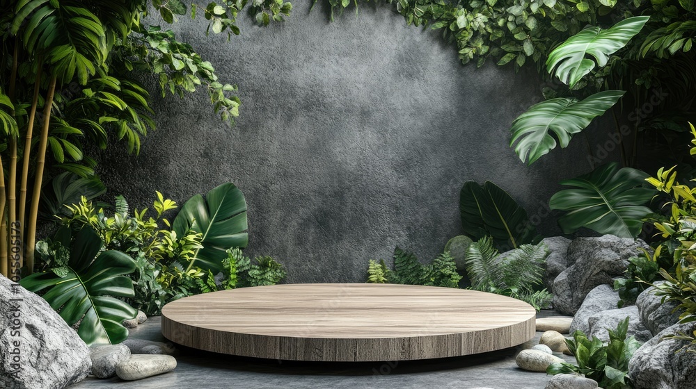 Minimalist wood podium surrounded by vibrant leaves and natural stones, designed for product display, organic ambiance. Minimalist wood podium surrounded by vibrant leaves and natural stones, designed for product display, organic ambiance.