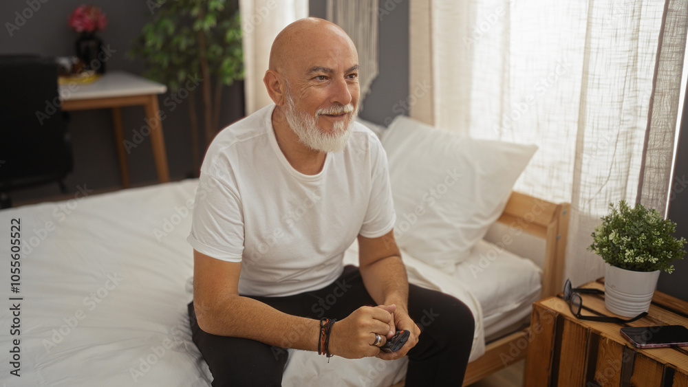 Handsome, grey-haired man sitting on a bed in a cozy bedroom with indoor plants, looking content and relaxed. Handsome, grey-haired man sitting on a bed in a cozy bedroom with indoor plants, looking content and relaxed.