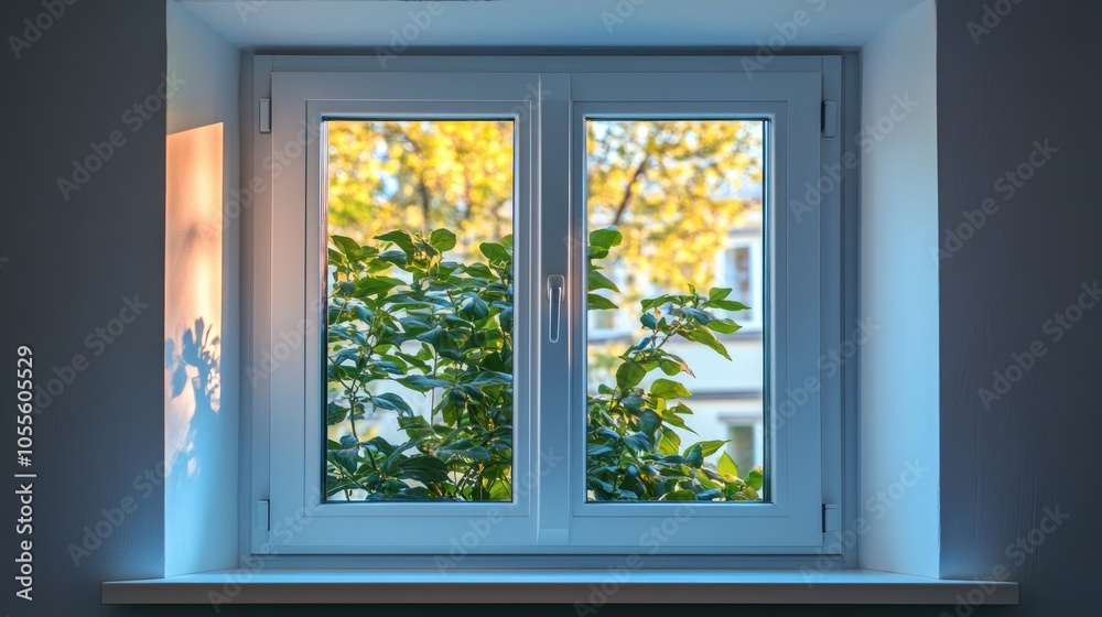 Fototapeta premium Open white PVC window featuring a ventilation fixing device illuminated by natural light Horizontal composition