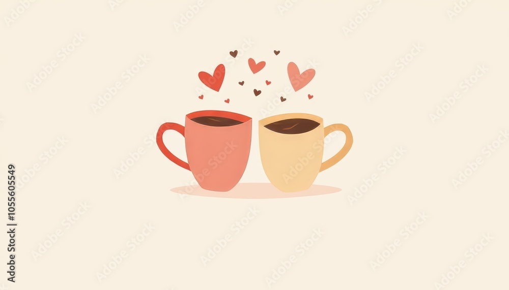 Obraz premium Playful illustration of two coffee cups with hearts, symbolizing love and connection