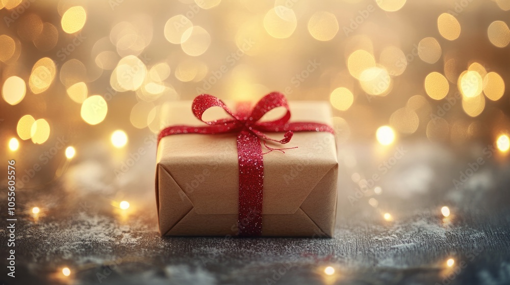 Christmas decor featuring a gift on a light backdrop Christmas decor featuring a gift on a light backdrop