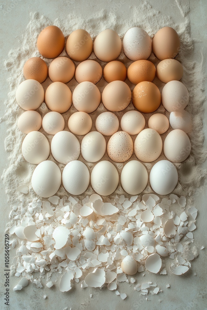 A beautiful display features an array of eggs in different colors carefully arranged on a surface of flour, complemented by scattered eggshells beneath. The composition highlights the textures and sha A beautiful display features an array of eggs in different colors carefully arranged on a surface of flour, complemented by scattered eggshells beneath. The composition highlights the textures and sha
