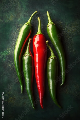 A vibrant arrangement of fresh chili peppers, featuring one red and four green varieties, laid out on a dark textured surface. The natural lighting enhances their glossy skins and vivid colors, creati photo