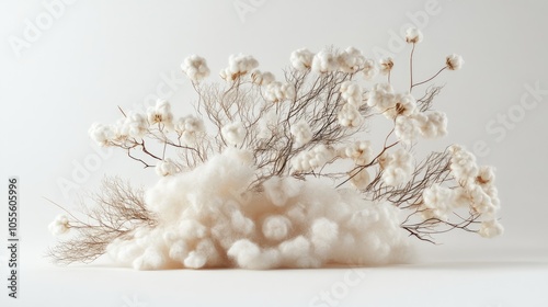 Soft fluffy cotton fibers in a delicate arrangement showcasing the beauty of botanical elements ideal for decoration or agricultural themes
