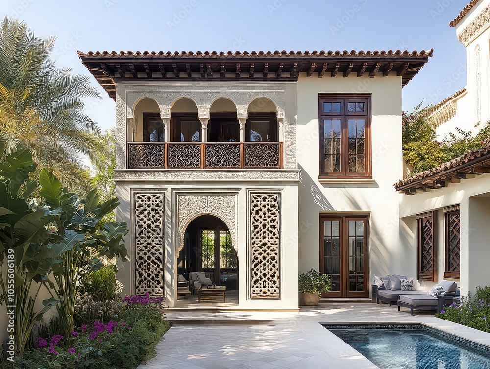 Fototapeta premium Moorish-inspired stucco featuring geometric arabesque patterns, latticework, and floral reliefs; motifs create harmonious design across facade, with shadowed crevices for dramatic depth.