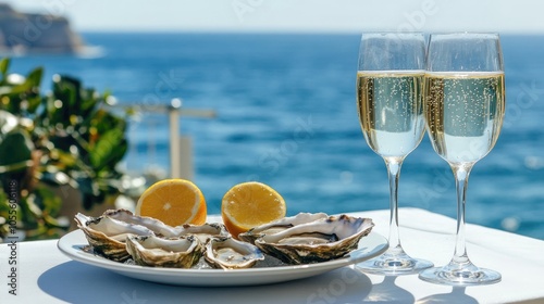 Fototapeta Naklejka Na Ścianę i Meble -  Charming arrangement featuring a plate of fresh oysters and sparkling wine on a terrace overlooking the ocean