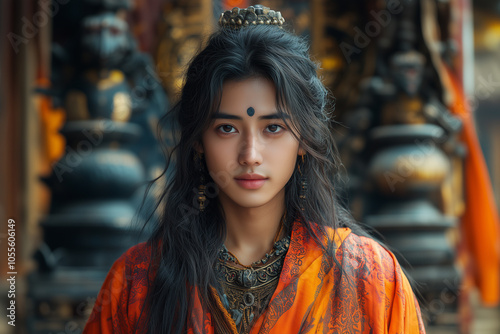 An Asian man in traditional attire poses at sunset in an ornate temple courtyard